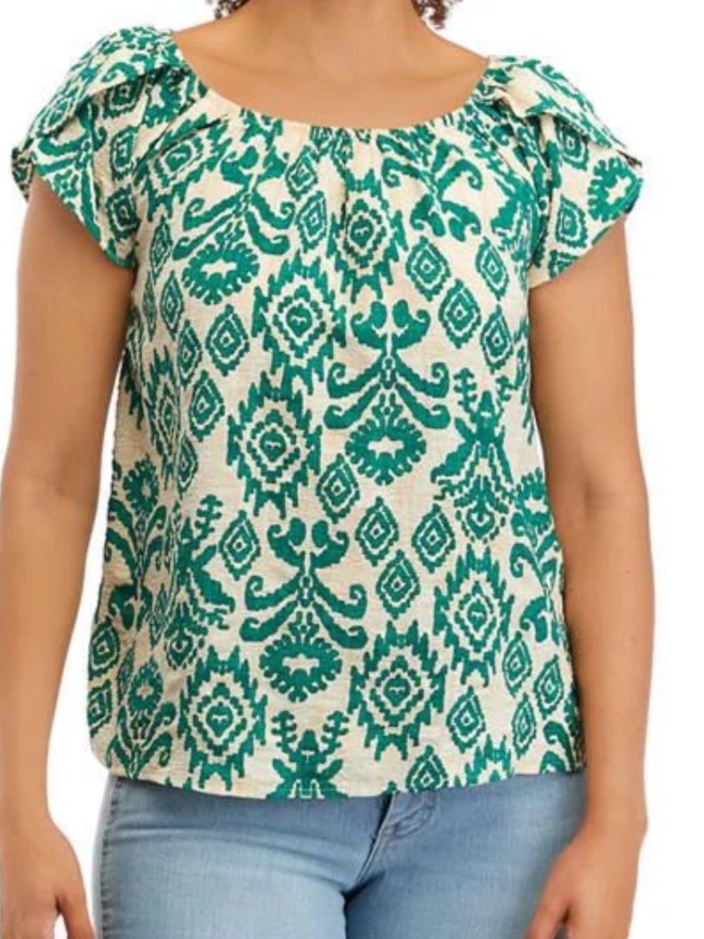 Cupio Womens Green Ikat Print Short Sleeve Top
